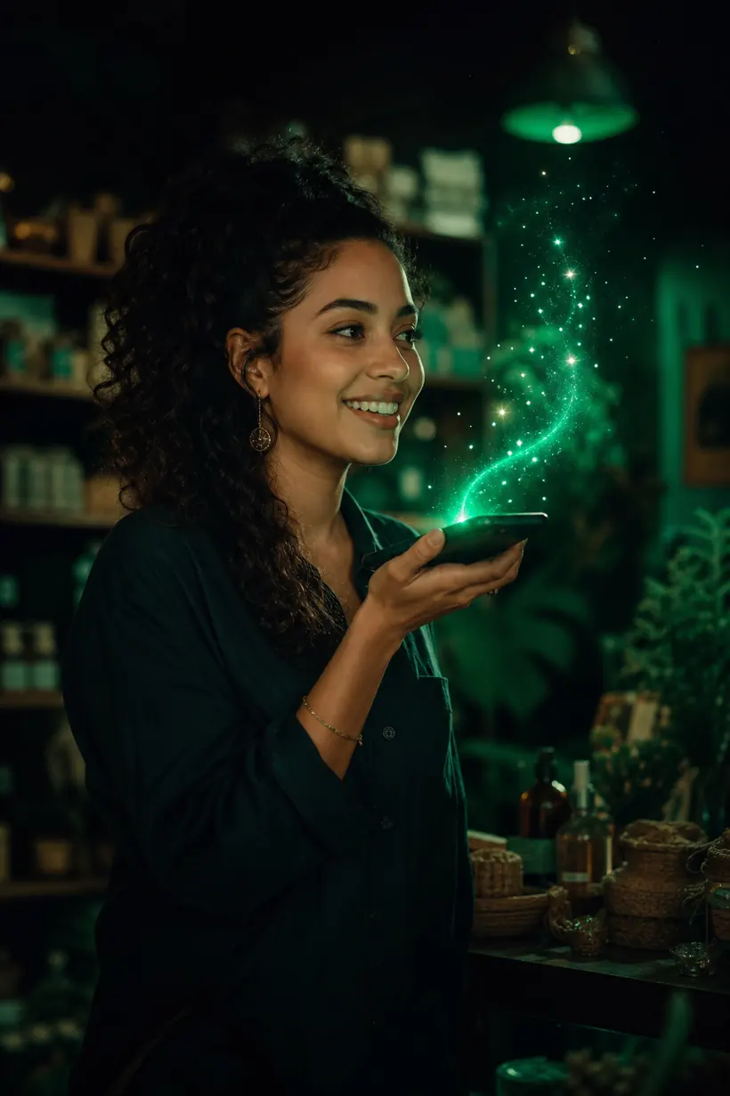 Lojista gravando um áudio de WhatsApp sobre o produto