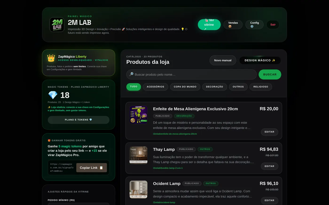 Painel MagicManager com catálogo de produtos, tokens e ajustes da vitrine