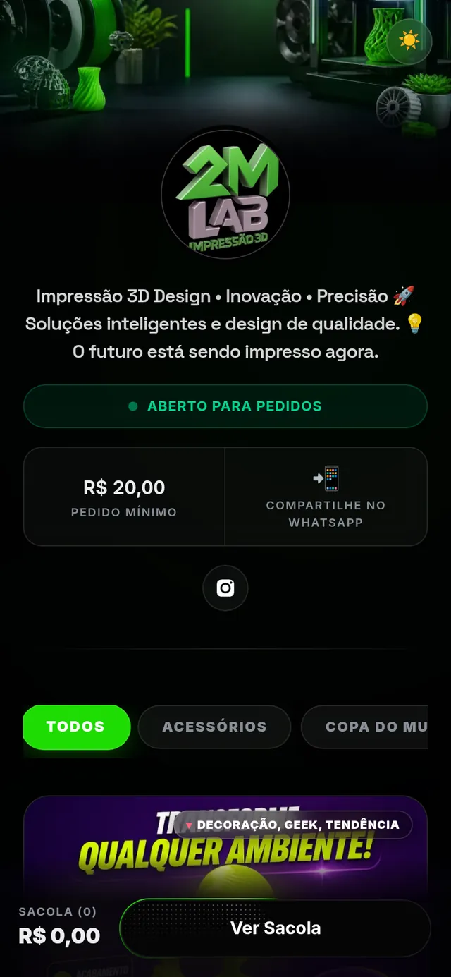 Vitrine publicada com catálogo, categorias e carrinho de compras